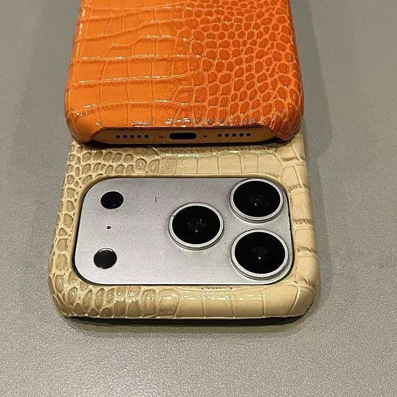 Luxury Glossy Crocodile Leather Texture Phone Case For iPhone 17 Air 16 15 14 Plus 13 11 12 Pro Max Frameless Shockproof  Cover