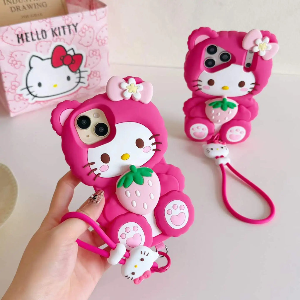 Cute 3D Hug Strawberry Hello Kitty Case For iPhone 15 14 13 16 17 Pro Max 16 Plus Standable Soft Silicone Shockproof Phone Cover