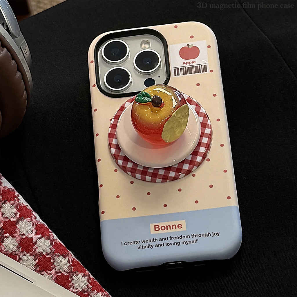 Cute Polka Dots 3D Luminous Crystal Apple Lattice Bracket Magnetic Phone Case For iPhone 12 13 11 14 15 16 17 Pro Max Hard Cover