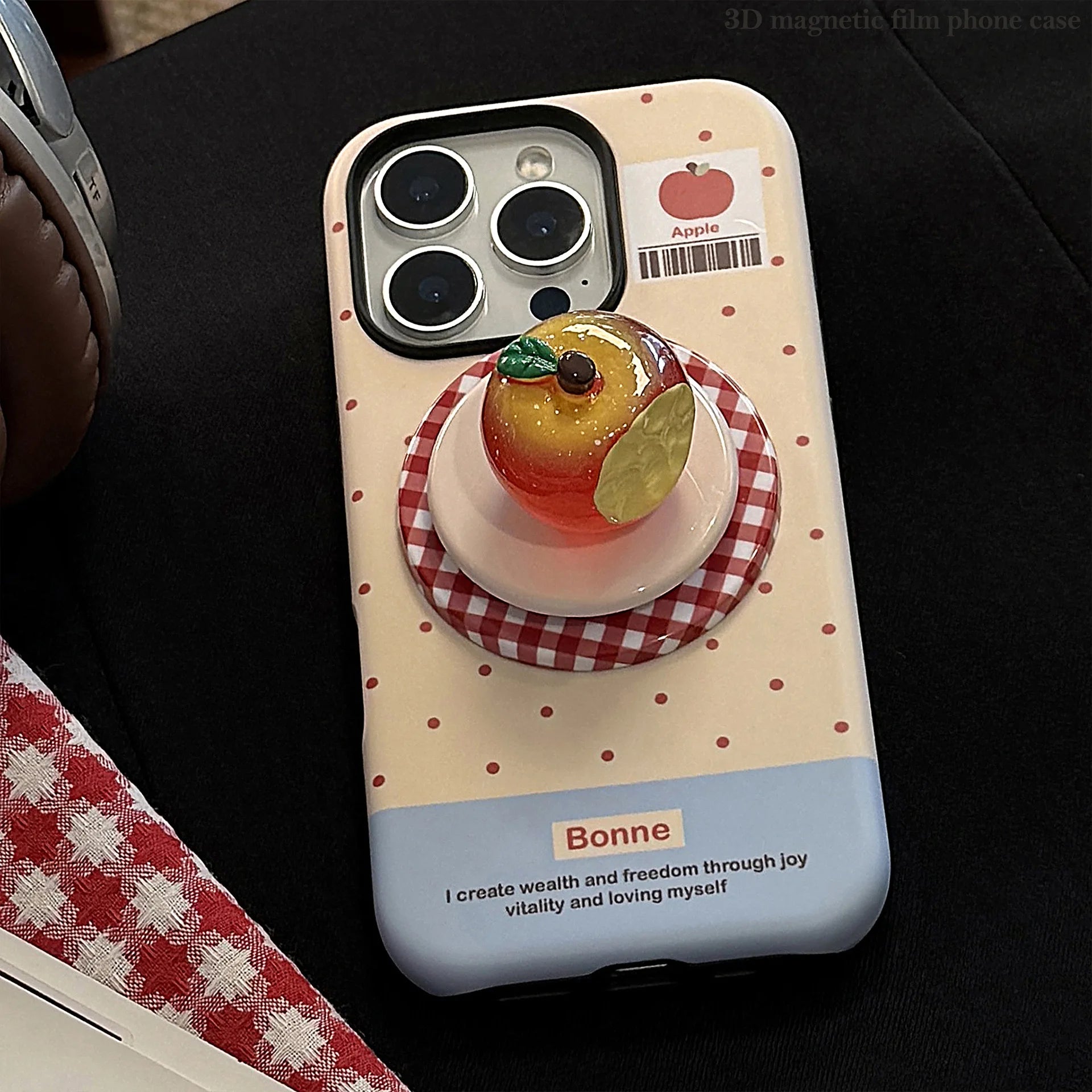Cute Polka Dots 3D Luminous Crystal Apple Lattice Bracket Magnetic Phone Case For iPhone 12 13 11 14 15 16 17 Pro Max Hard Cover
