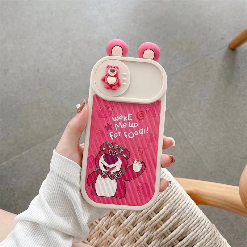 Disney Kawaii 3D Lotso Bear Slide Lens Cover Phone Case for iPhone 11 12 13 14 15 16 Pro Max Cute Pink Cover