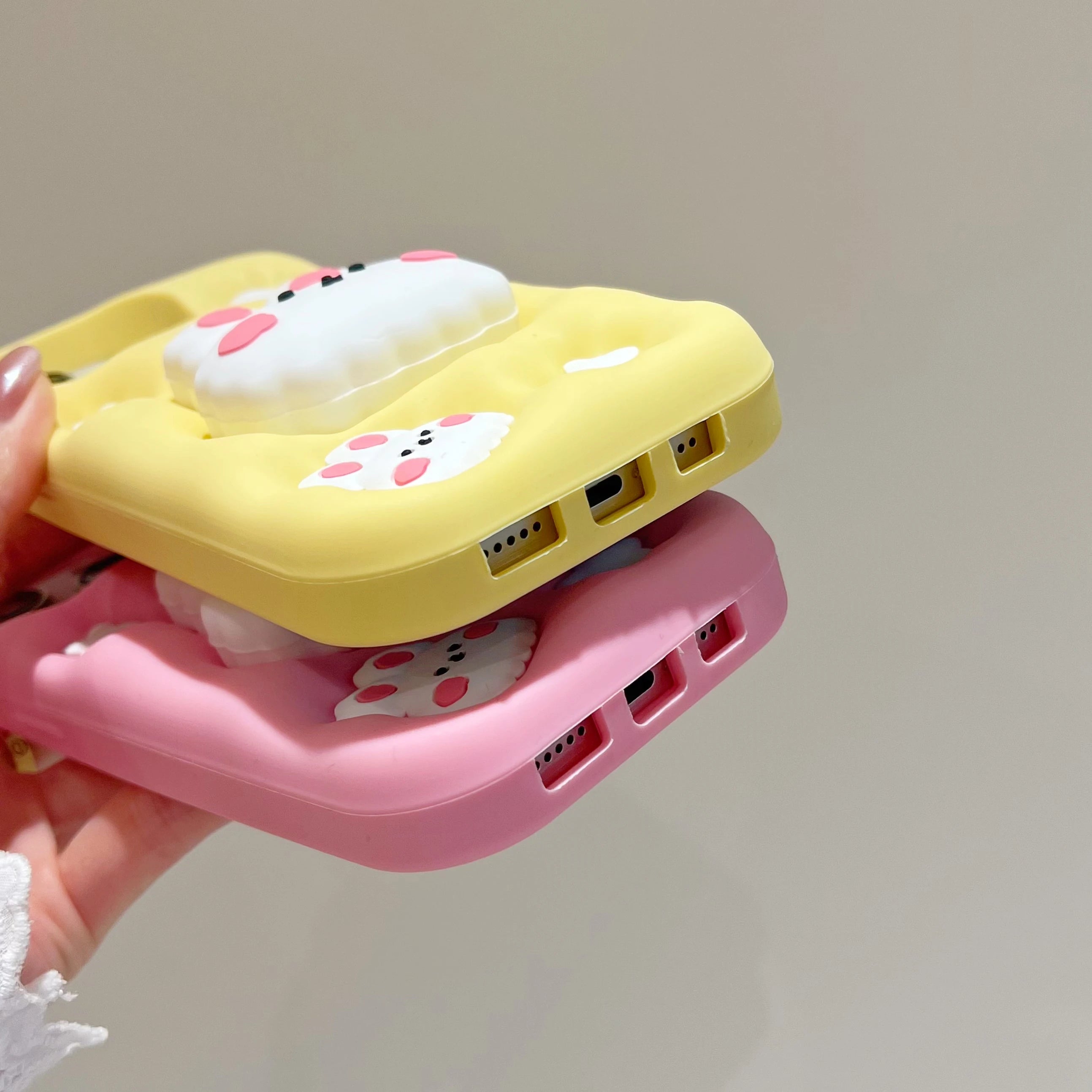 3D Animal Cartoon Rabbit Silicone Phone Case for iPhone 16 15 14 13 12 Pro Max 11 Soft Cover with Wrist Strap&Folding Holder