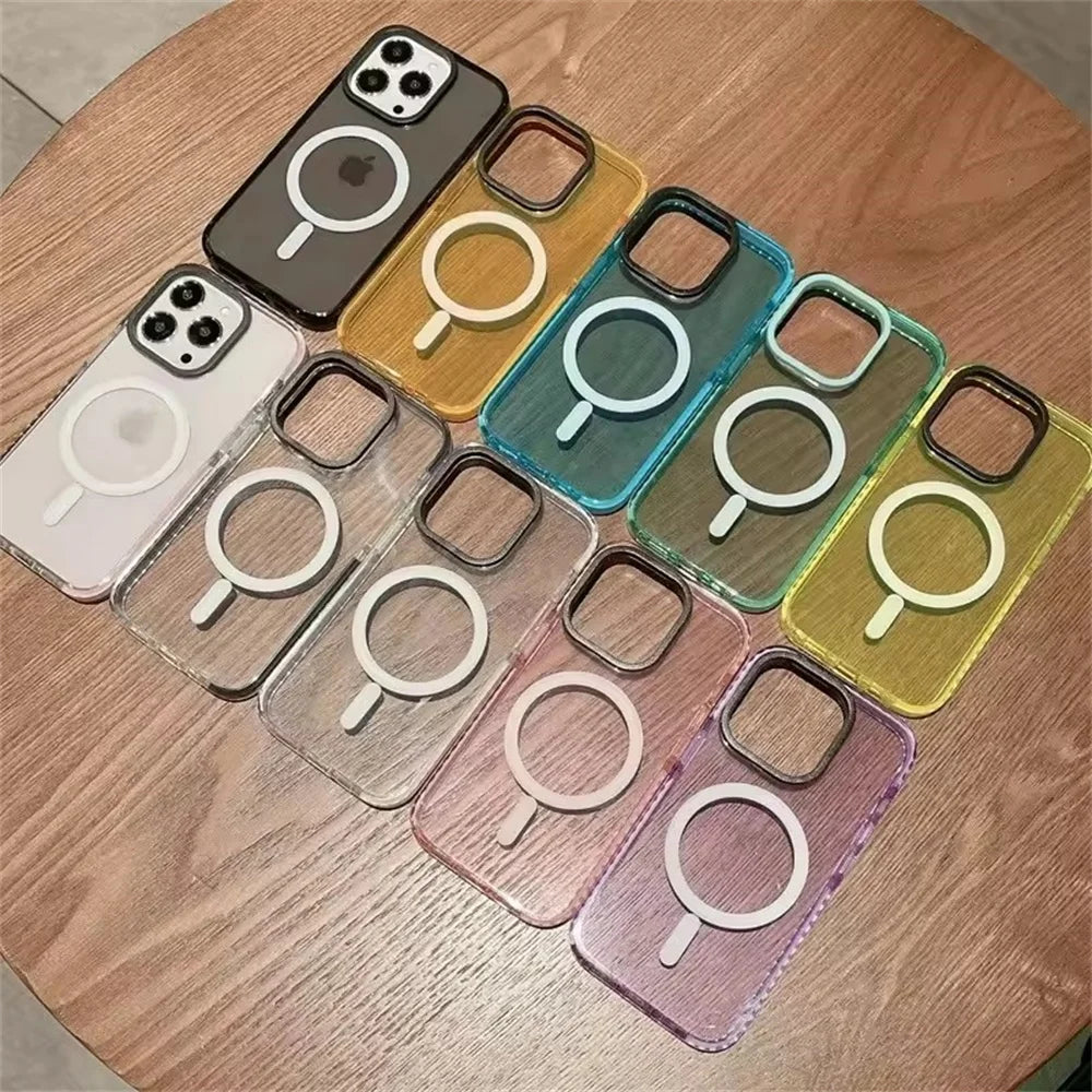 Neon Color Transparent Crystal Case For iPhone 16 Pro Max 14 11 12 13 15 Pro Max Plus For MagSafe Magnetic Protection Back Cover