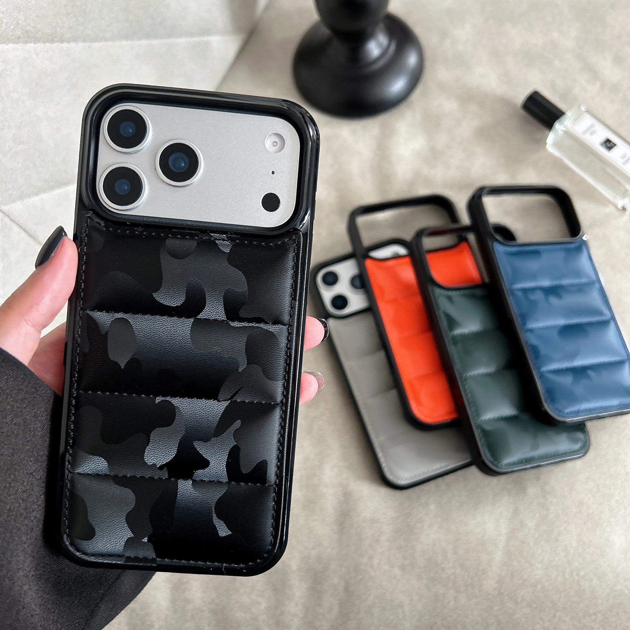3D Camouflage Down Jacket Phone Case for iPhone 17 Air 16 15 14 13 Pro Max Plus 13Mini Air-cushion Shockproof Soft Fabric Cover
