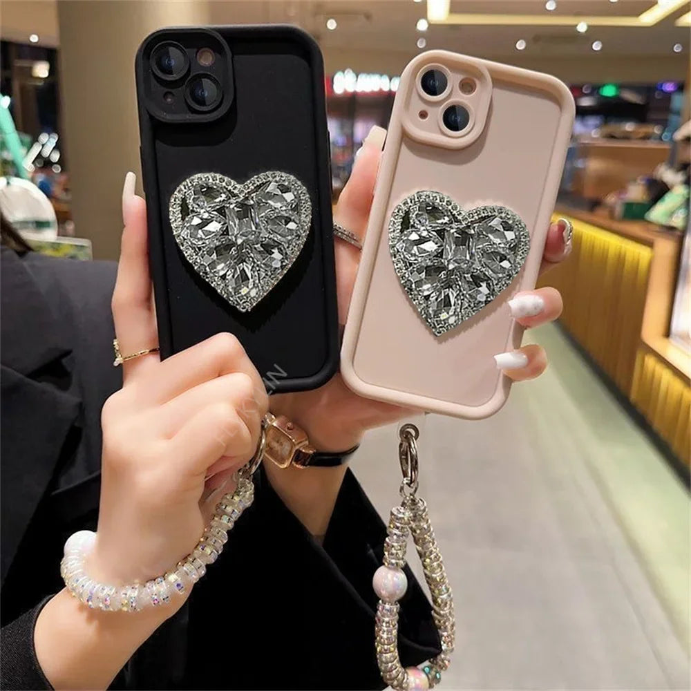 FLYKYLIN Love Diamonds Phone Case For Samsung S25 S24 S23 S22 Ultra S21 Plus S20 FE Note 20 Soft Silicone With Bracelet