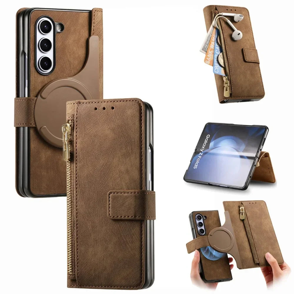 2 in 1 Detachable Zipper Cards Solt Wallet Phone Case for Samsung Galaxy Z Fold 7 6 5 4 3 Fold7 Fold6 Fold5 Fold4 Leather Cover