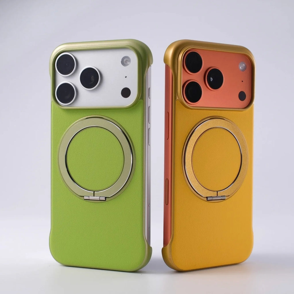 Borderless Leather Ring Holder Bracket Phone Case For iPhone 17 Air 16 15 14 13 12 11 Pro Max Plus Magnetic Magsafe Hard Cover