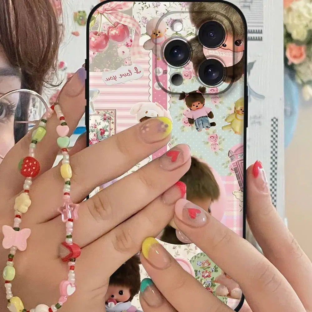 Cute M-monchichiS Kawai Phone Case For IPhone 1716 15 14 13 Pro Max 11 12 Mini X Xs XR Black Silicone Cover