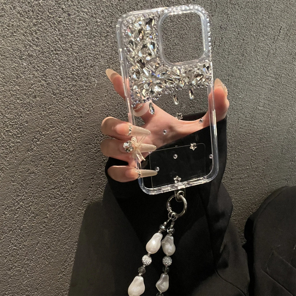 Ins Luxury Senior 3D Half Screen Rhinestones Transparent Clear Phone Case for iPhone 17 16 15 14 Pro Max Shockproof Back Cover