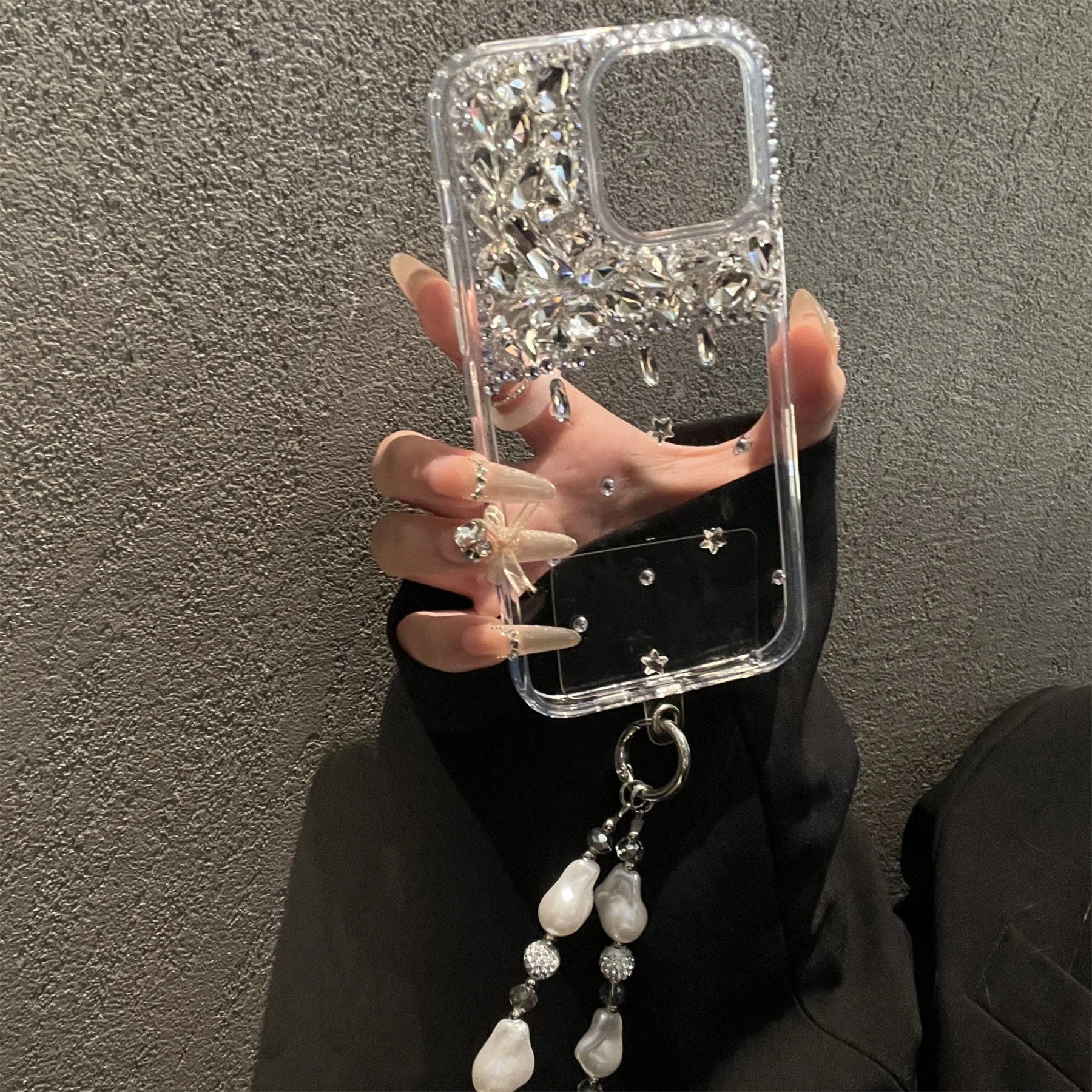 Ins Luxury Senior 3D Half Screen Rhinestones Transparent Clear Phone Case for iPhone 17 16 15 14 Pro Max Shockproof Back Cover