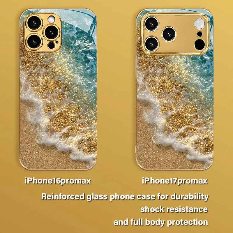 The new seaside beach pattern electroplated glass phone case is suitable for iPhone 17, 16, 15, 14, 13, 12, 11, etc.