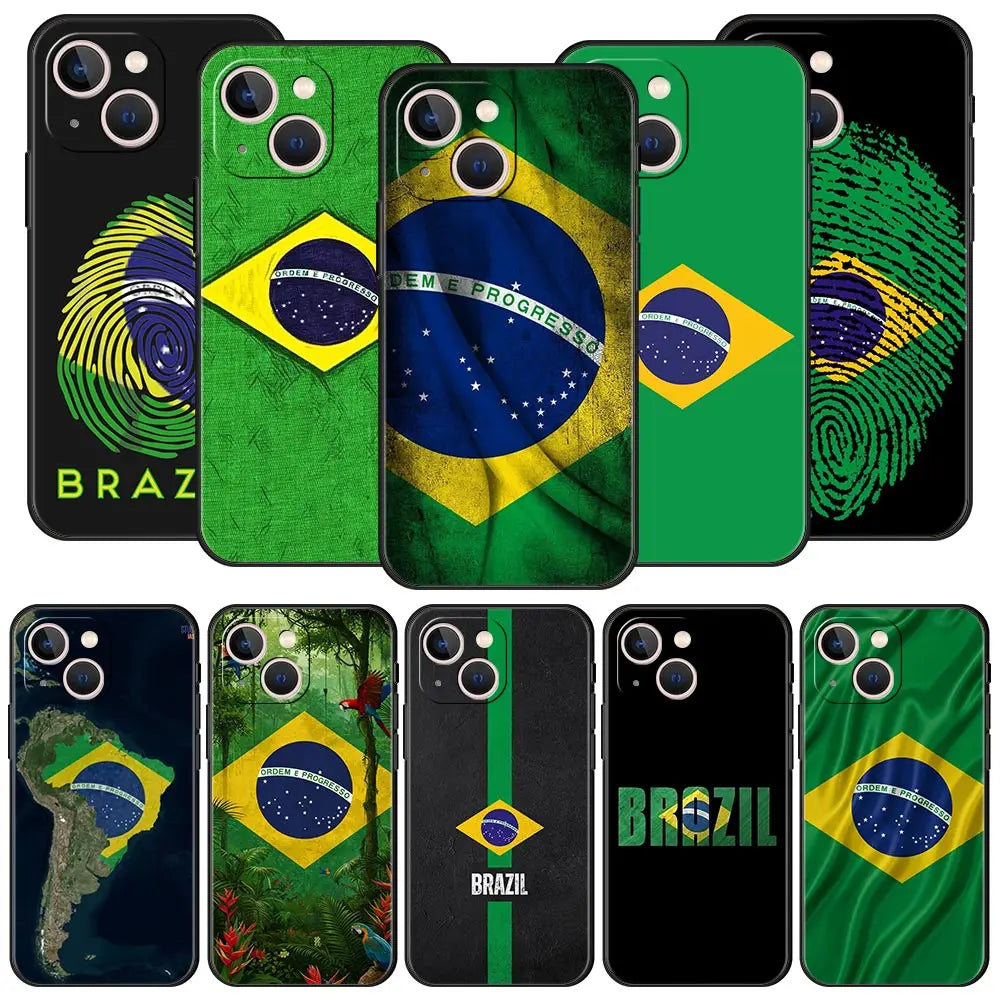 Large Brazil Flag Luxury Phone Case For iPhone 17 Air 16 Plus 13 15 14 12 11 Pro MAX 7 8 SE Soft TPU Black Cover