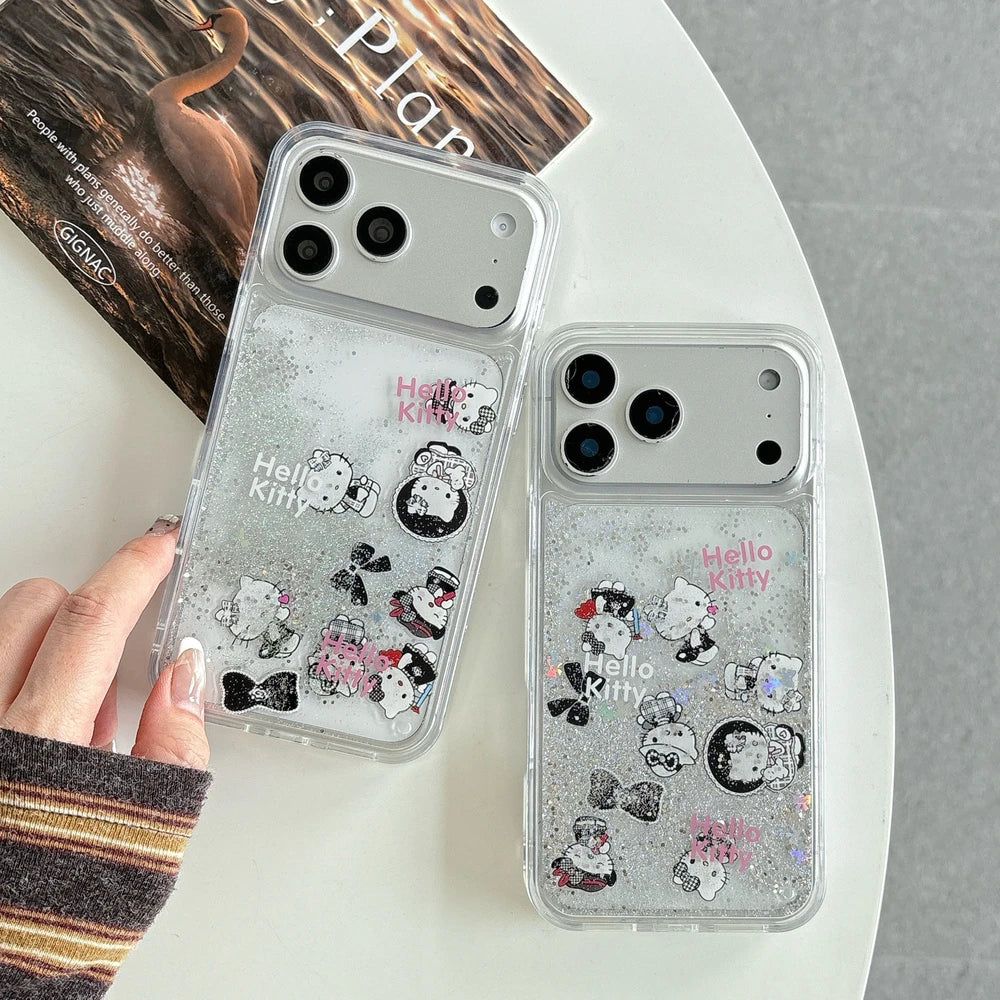 Cute Cartoon Sanrio Hello Kitty Bling Glitter Liquid Quicksand Phone Case For iPhone 17 16 15 14 13 Pro Max Clear Hard Cover