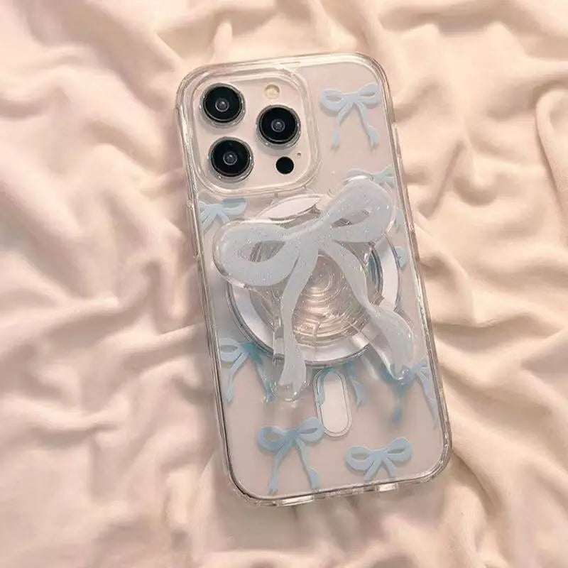 Ins Korea Girl Full Screen Pink Blue Bow For Magsafe Phone Case For iPhone 11 12 13 14 15 16 17 Air Pro Max Plus MINI Y2K Cover