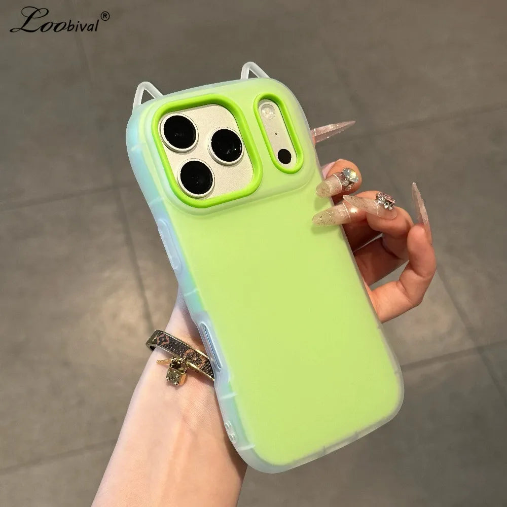 Cute Cartoon Cat Ear 2in 1 Case for iPhone 15 16 17 Pro Max 14 13 12 11 Jelly Candy Color Matte Soft TPU Shockproof Slim Cover