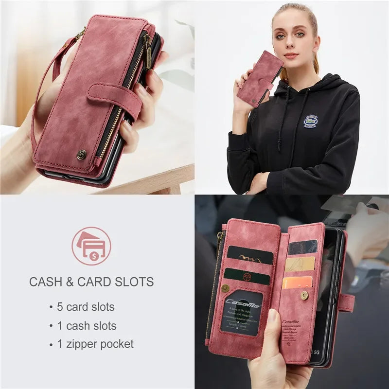 CaseMe Flip Leather Phone Case For Samsung Galaxy Z Fold 7 6 5 4 3 5G S26 Ultra S25 FE S24 Plus S23 S22 Zipper Wallet Card Cover