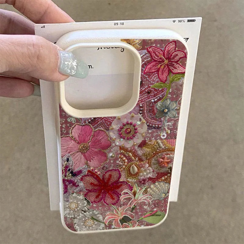Floral Beaded Ocean Patchwork Phone Case for Samsung S26 S25 S24 S23 S22 S21 S20 Note20 Ultra Plus A73 A55 5G Silicone Cover
