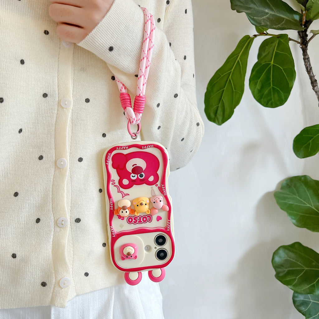 For iPhone 17 17Pro 16 15 14 13 12 Pro Max Plus cute cartoon Winnie the Pooh strawberry bear with wristband protective cover