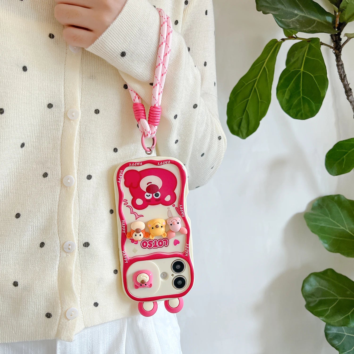 For iPhone 17 17Pro 16 15 14 13 12 Pro Max Plus cute cartoon Winnie the Pooh strawberry bear with wristband protective cover