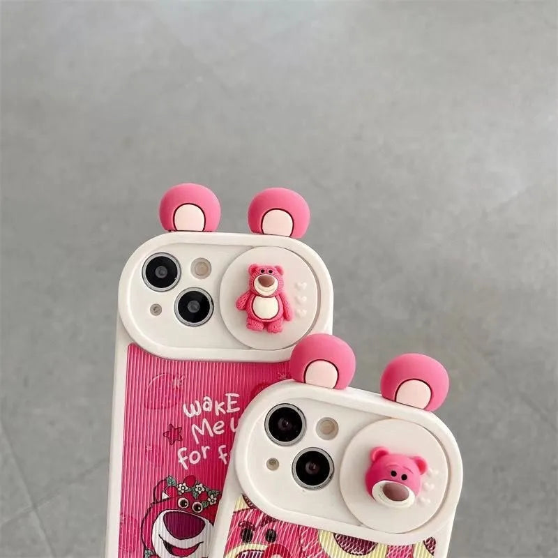 Disney 3D Lotso Bear Slide Camera Cover Phone Case for iPhone 16 15 14 13 12 11 Pro Max Cute Pink Anti-scratch Protective Cover