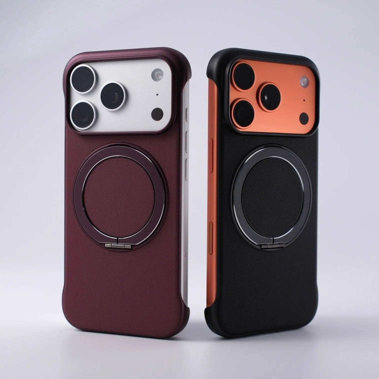 Borderless Leather Ring Holder Bracket Phone Case For iPhone 17 Air 16 15 14 13 12 11 Pro Max Plus Magnetic Magsafe Hard Cover