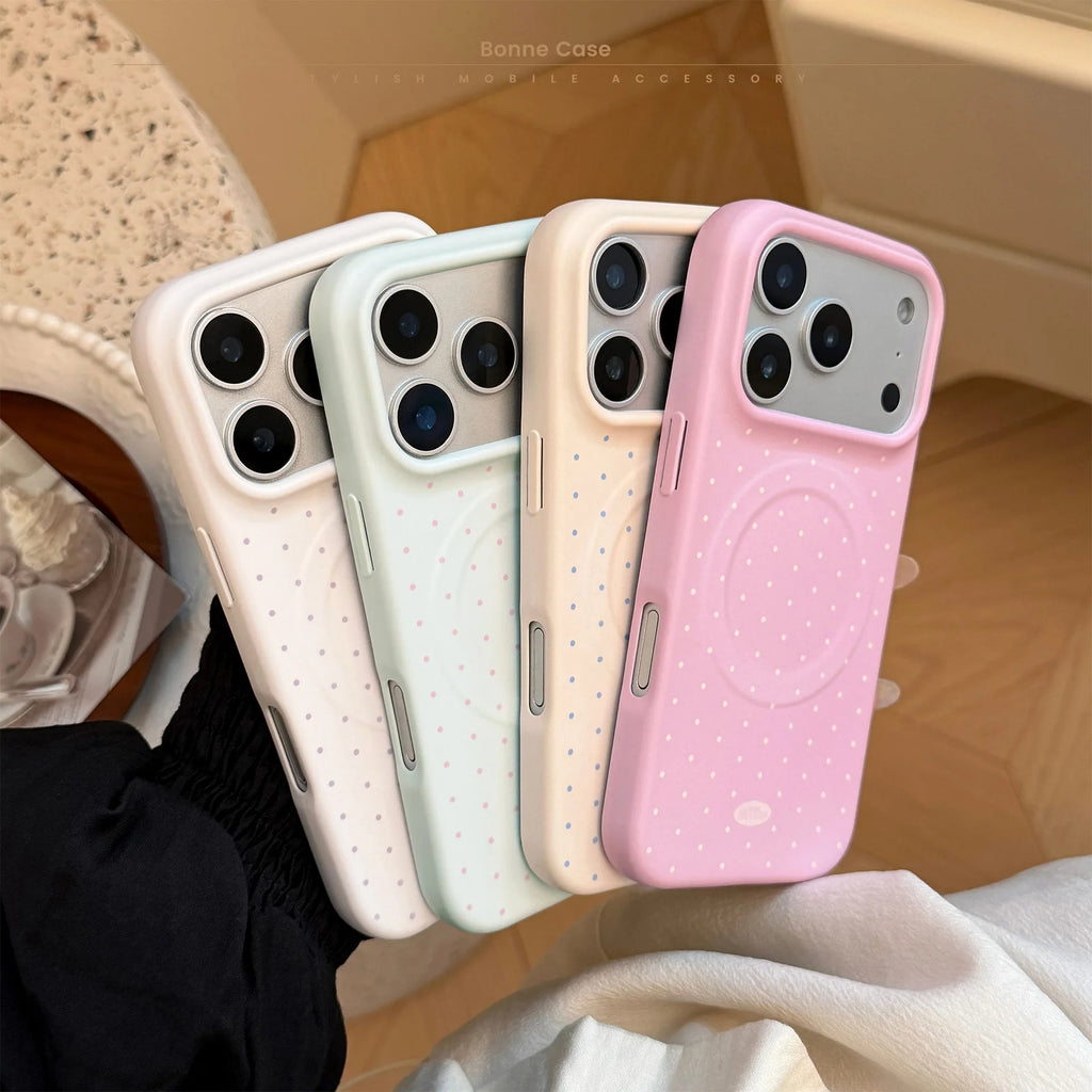 Korean Candy Colors Full Screen Polka Dot Magnetic Phone Case for iPhone 17 16 15 13 14 Pro Max Shockproof Protective Soft Cover