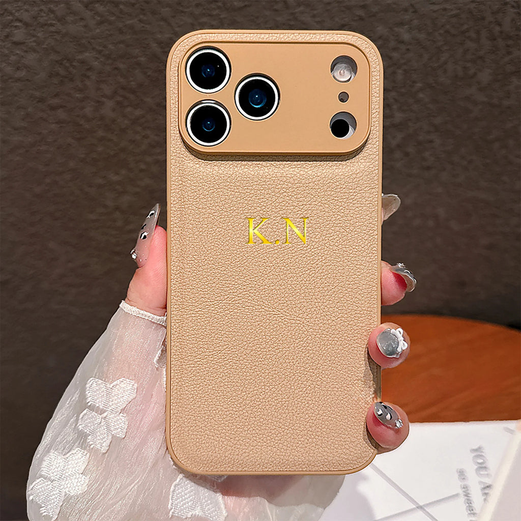 Personalized Custom Name Initial Gold Hot Foil Engraved Luxury Faux Leather Case For iPhone 17 16 15 14 13 Pro Max Plus Air Gift