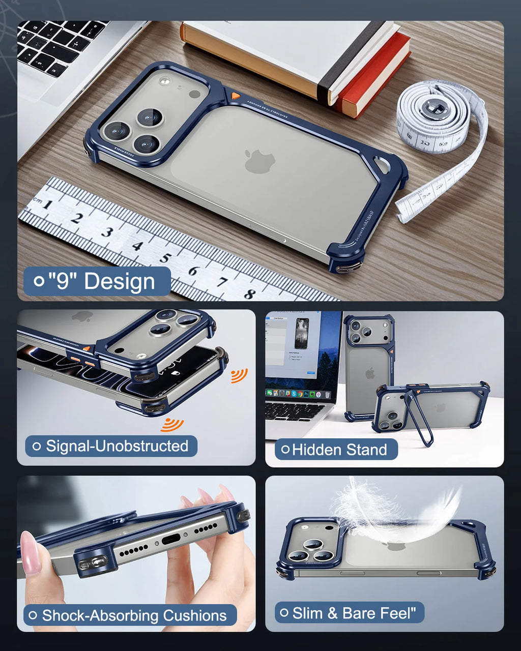 Oatsbasf Metal Frameless "9" Design Phone Case for iPhone 17 Pro Max /17 Pro Phone Cover with 90° Adjustable Hidden Camera Stand