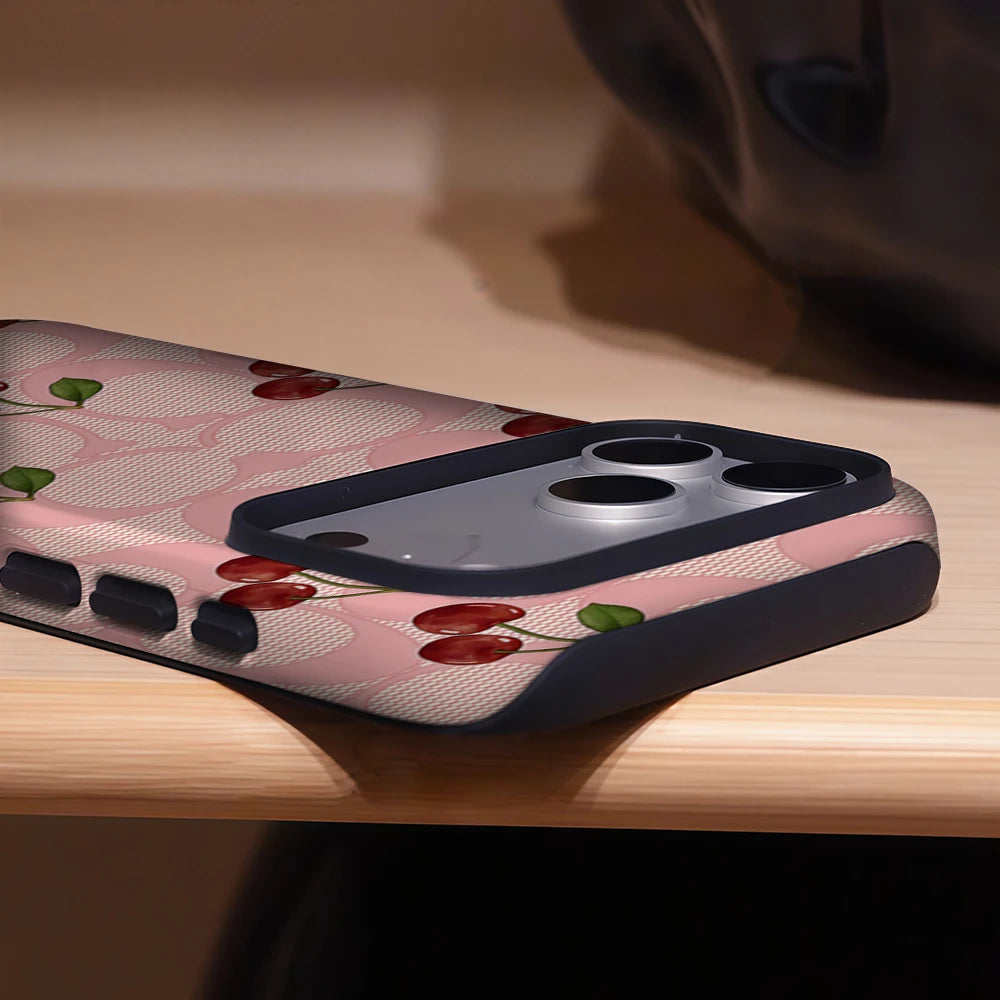 Fashionable Pink Mesh Cherry Phone Case for iPhone 17 16e 16 15 14 13 12 11 7 8 Air Pro Max Plus Luxury Double-layer Back Cover