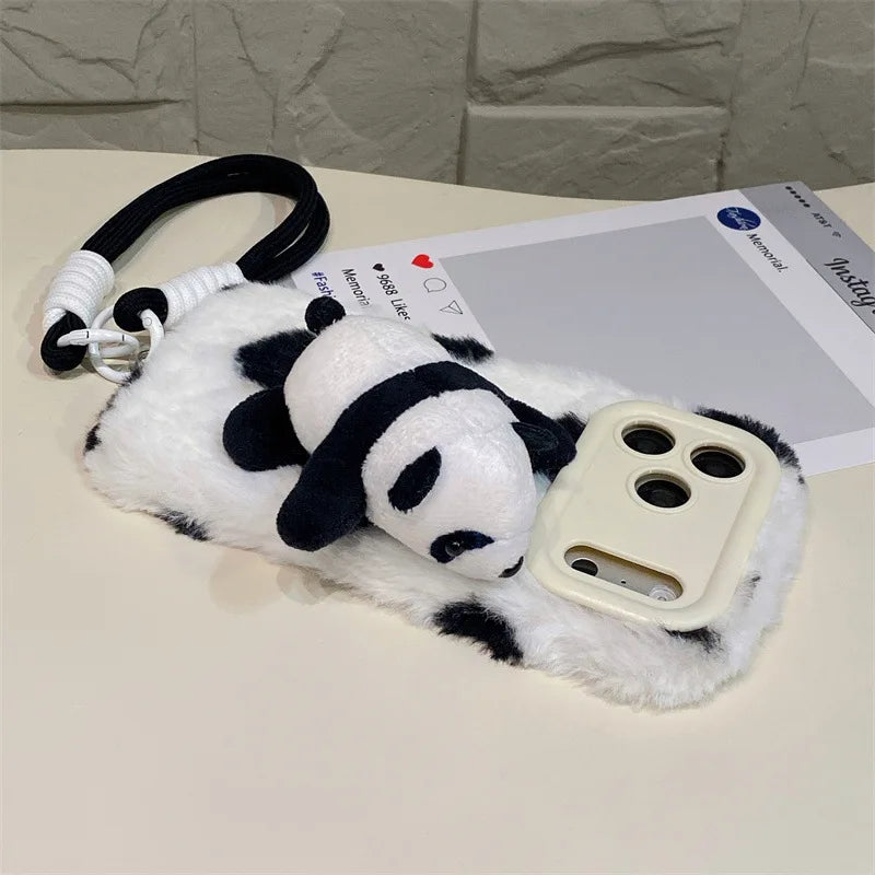 3D Cartoon Panda Doll Plush Phone Case For iPhone 17 Air 16 15 14 13 12 11 Pro Max With Wrist Strap Shockproof Protective Cover