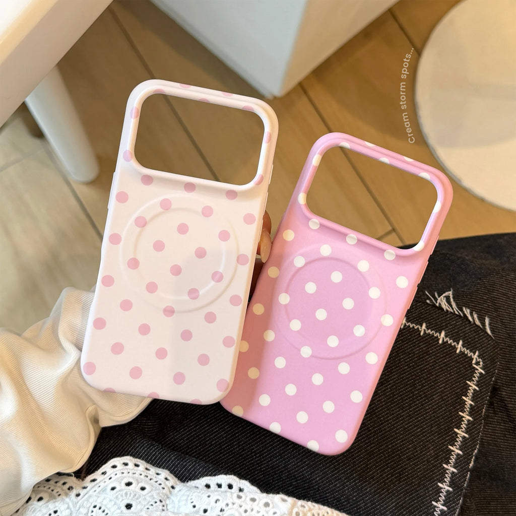 Korean Full Screen Polka Dots Pattern Magnetic Phone Case For iPhone 17 16 15 14 Pro Max Wireless Charging Shockproof Soft Cover