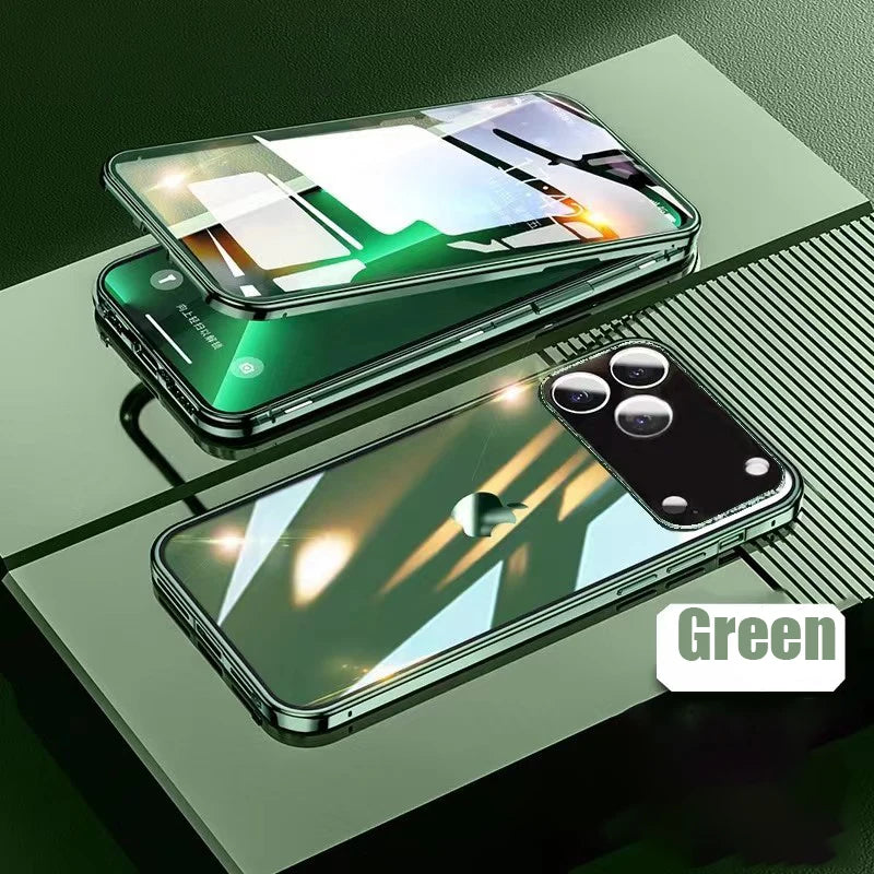 360° Full Protection Metal Magnetic Double-Sided Tempered Glass Case for iPhone 17 Pro Max, 17, 17 Air, 17 Pro with Lock Catch