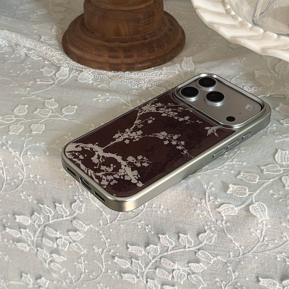 Elegant Brown with White Floral Pattern Stylish Case for iPhone 17 16 15 14 17ProMax 13 Electroplated Drop Glue Shockproof Cover