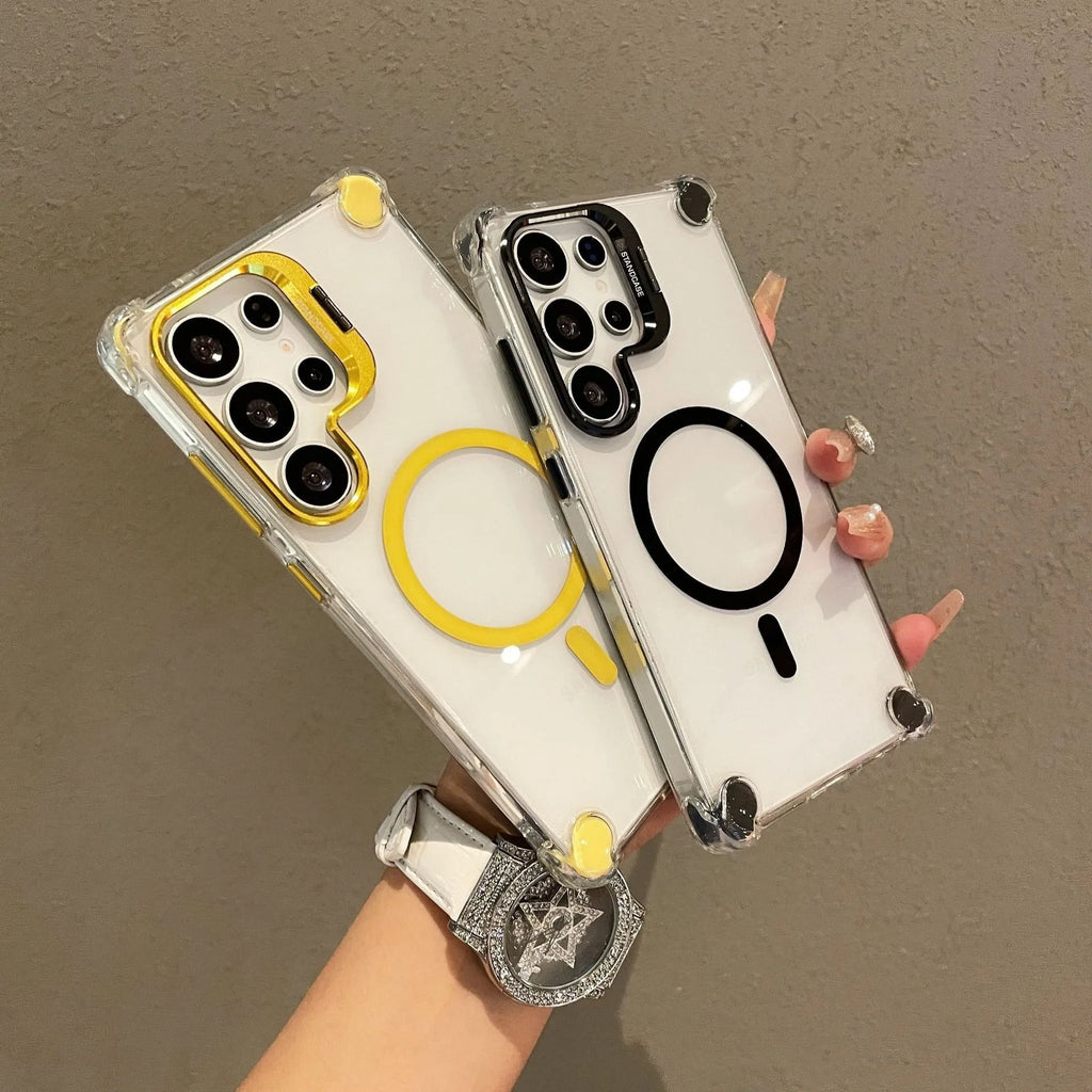 for Samsung Galaxy S26 Ultra S26 Plus Case Magnetic Crystal Clear Shockproof Air-cushion Cover Mag-safe Alloy Camera Stand Shell