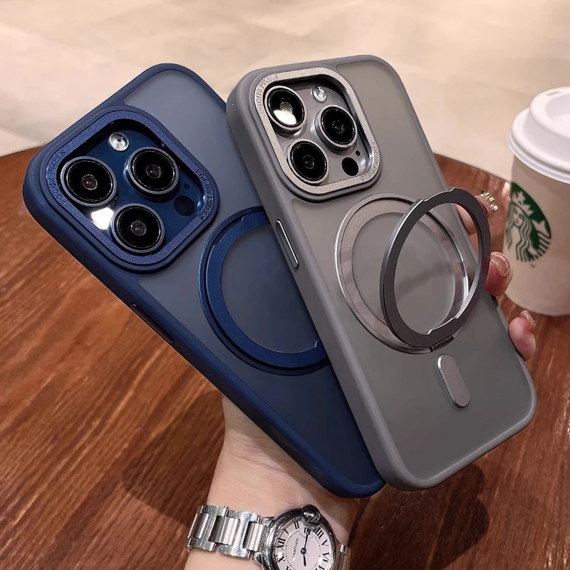 For iPhone 16 Pro Max Luxury 360°Rotating Holder Stand Magsafe Magnetic Phone Case For iPhone 13 14 15 16plus 17 Air Matte Cover
