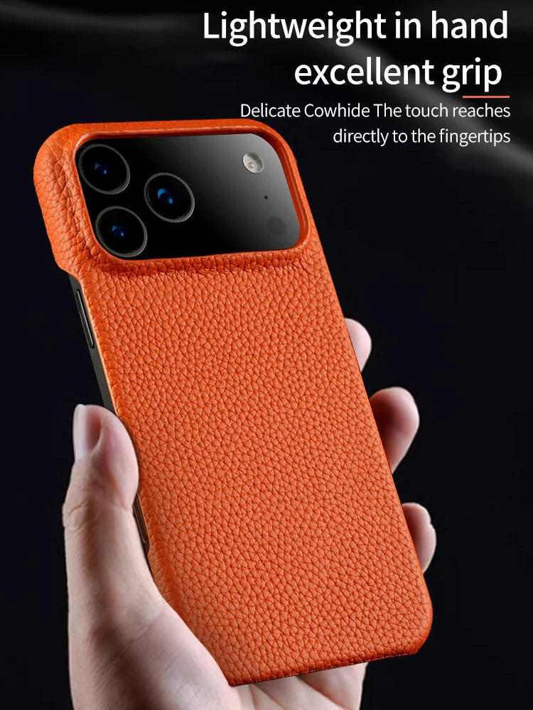 Lychee Natural Cowhide Leather for Magsafe Case for iPhone 17 Air 15 16 Pro Max 17Pro Magnetic Protector Luxury Phone Back Cover