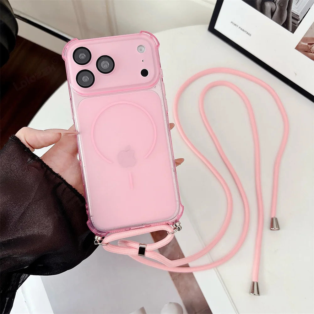Luxury Lanyard For Magsafe Soft Armor Phone Case For iPhone 17 16 Pro Max 14 15 Plus 13 12 11 Wireless Charge Translucent Cover