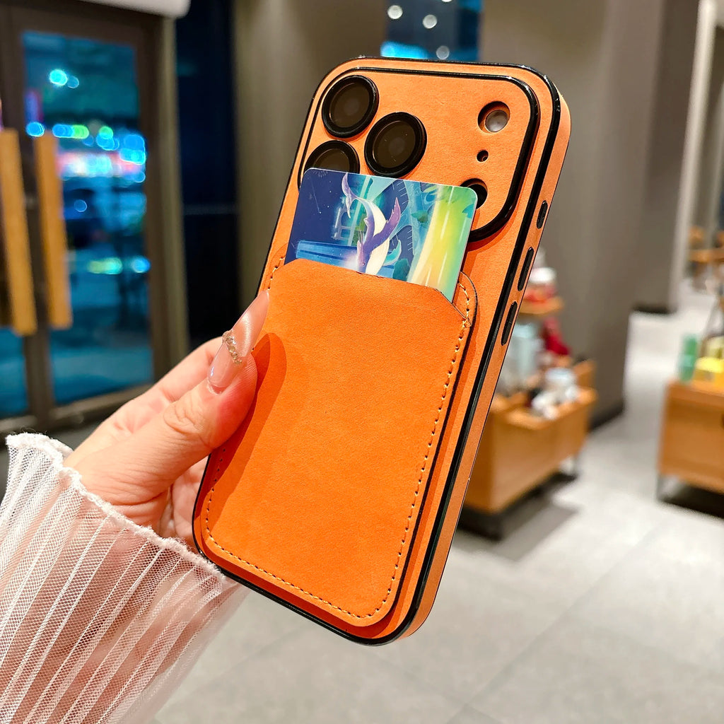 Shockproof Suede Leather Card Holder Case For iPhone 17 Pro Max 16 15 14 Plus 13, Slim Window View Camera Protection Phone Cover