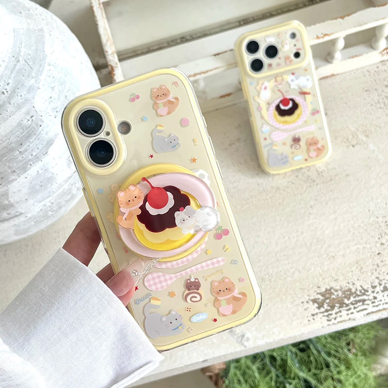 Korean Cute Cake Cat Magnetic Phone Case For iPhone 17 Pro 16 15 Pro Max Cover with Magsafe Stand Holder Shockproof Kawaii Cases