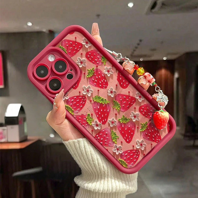 Flower Strawberry Painting Pendant Chain Phone Case For iPhone 17 16 15 14 13 12 11 Pro Max 16E XS X XR 7 8 Plus Silicone Cover