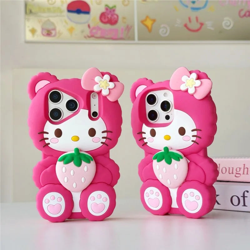 Lovely Strawberry Sanrio 3D Cartoon Hello Kitty Phone Case For iPhone 17 16 15 14 13 12 Pro Max Plus 17 hockproof Silicone Cover