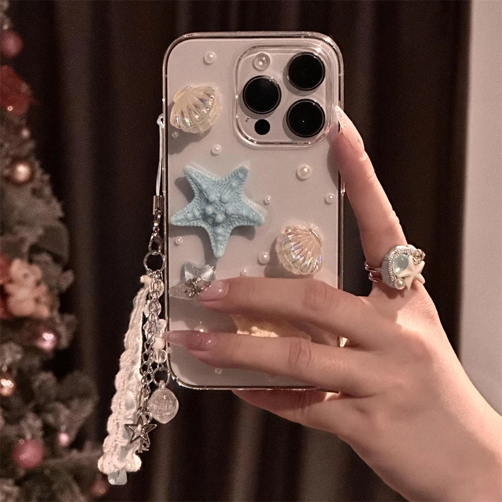 Cute Summer Seastar Shell Pattern Pendant Clear Phone Case For iPhone 16 15 14 13 12 11 Pro Max Plus 3D Cover Korea Girl Shell