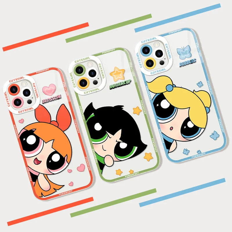 Anime P-Powerpuff Girls Soft Silicone Phone Case for iPhone 16 17 15 14 Pro Max Air 17E 13 12 11 ProMax Transparent Back Cover