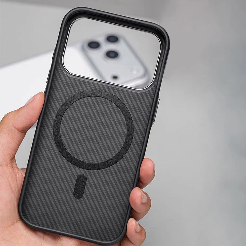 Matte Carbon Fiber Texture Magnetic Case For iPhone 17 16 15 Pro Max Wireless Charging Alloy Lens Shockproof for MagSafe Cover