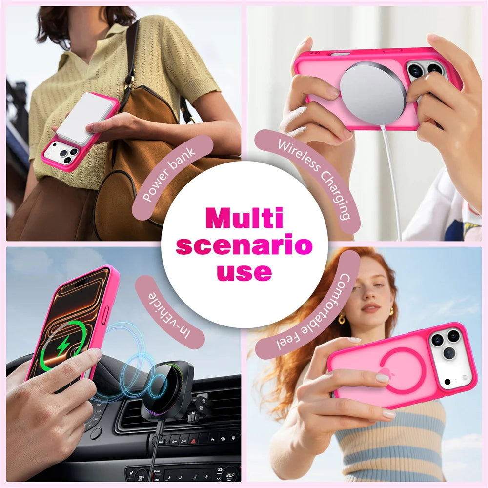 Magnetic Luxury Matte Translucent Armor Shockproof Case For iPhone 17 16 15 14 13 Pro Max 17Pro For Magsafe Wireless Charge Caps