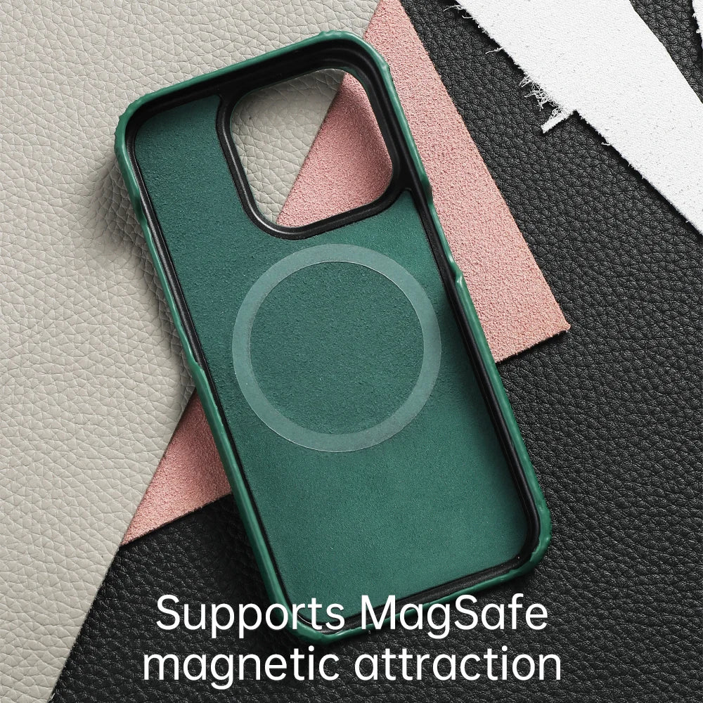 LANGSIDI Cowhide Genuine Leather for Magsafe Case for iPhone 15 16 17 Pro Max Air 17Pro 16Pro Lens Protective Shockproof Cover