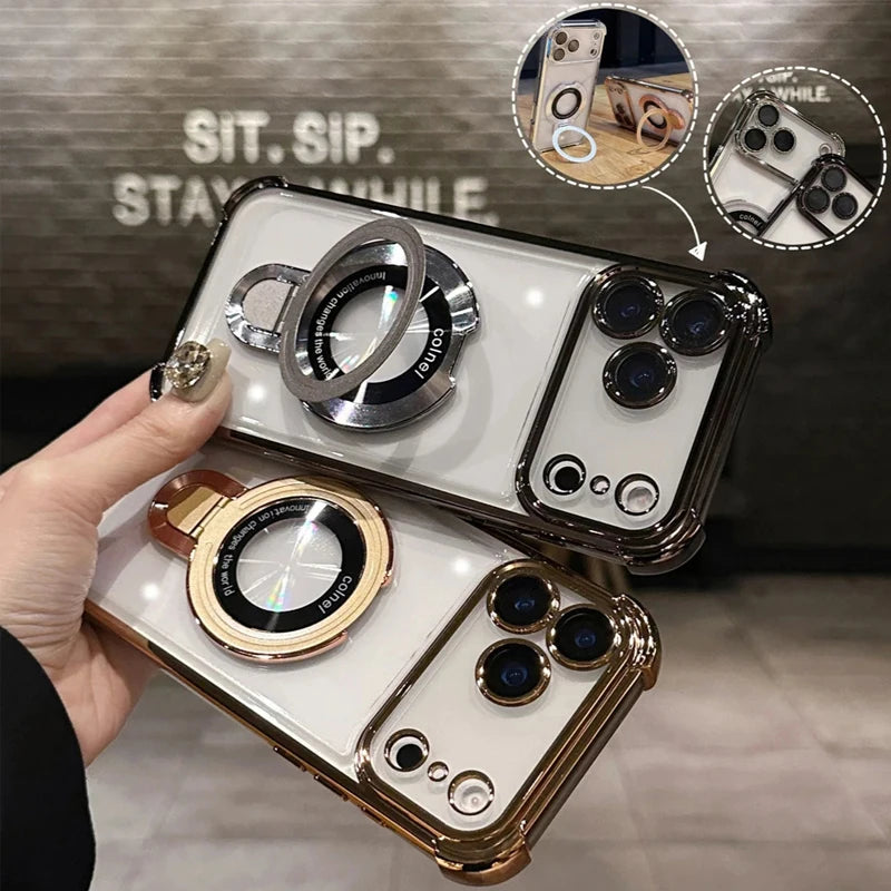 Luxury Plating Transparent Phone Case For iPhone 17 Pro Max 14 15 Plus Air 11 12 13 16 Pro For Magsafe Magnetic Ring Stand Cover