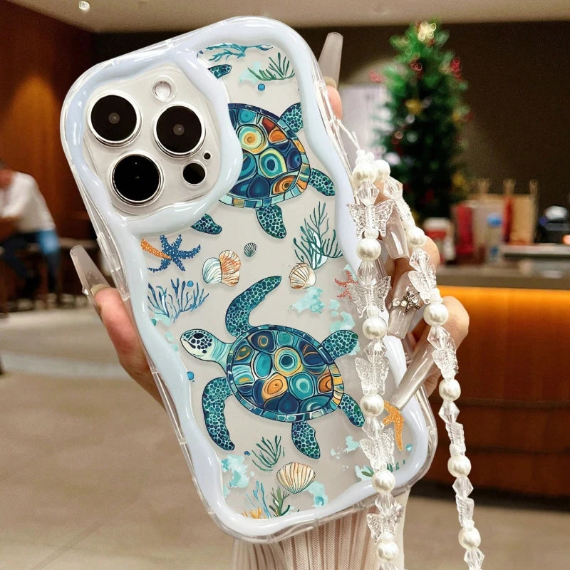Sea Turtle Underwater World Wave-Shaped Phone Case For iPhone 17 16 15 14 13 12 11 Pro Max 16E 17E Bowknot Lanyard Clear Cover