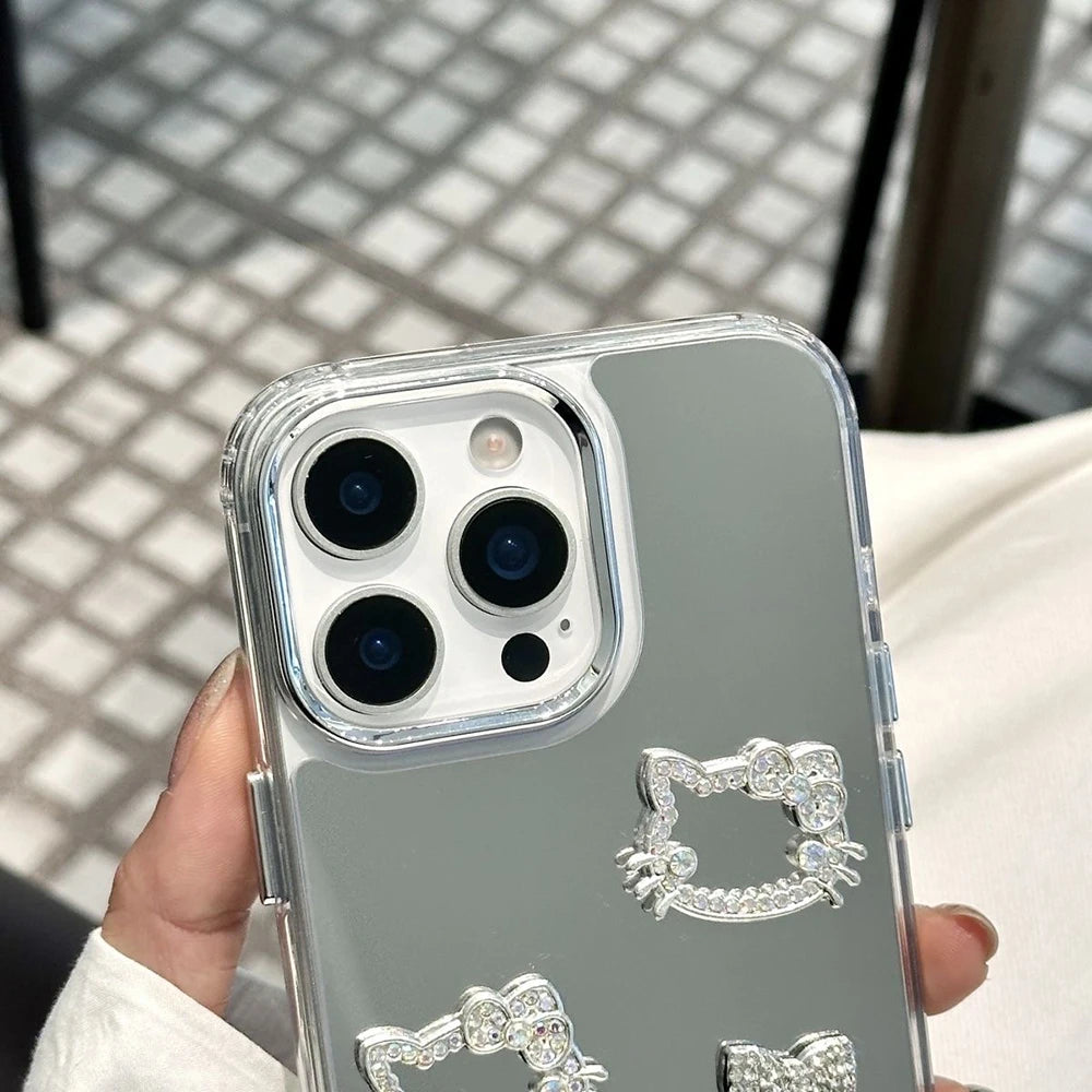 Luxury Kitty Bowknot Make Up Mirror Metal Camera Phone Case for iPhone 17 16 Pro Max 15 Pro 14 Plus 16 13 12 11 Pro XS XR SE 2 3