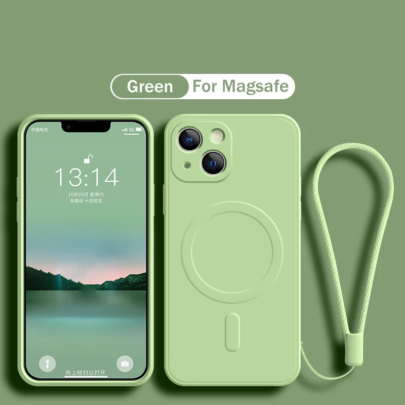 For Magsafe Magnetic Wireless Charge Case For iPhone 17 16 15 14 13 12 Pro Max Mini 16e 17 Air Soft Liquid Silicone Strap Cover